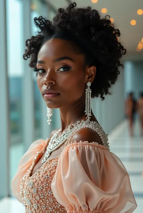 beautiful black woman wearing a white, luxurious dress covered with beautiful pearls, the dress has a shape like from the Versace hout coulture collection, beautiful puffy sleeves and a narrow hem, the black woman is wearing crystal, long earrings, she is ...