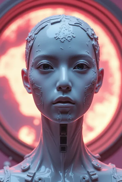 Ceramic Robot, Intricate 3d rendering of highly detailed beautiful ceramic silhouette female robot face, robot, robot part, 150 mm, beautiful studio soft light, rim light, vibrant details, luxurious cyberpunk, lace, surreal, anatomy, facial muscles, cables...