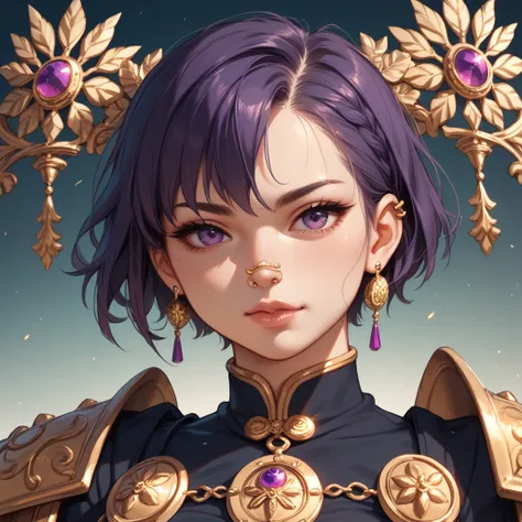 Create a woman, Your hair color is Green at the roots and Purple at the ends,  short hair, Your face has gold ornaments and piercings on your nose, She has culturally Persian women's Warrior clothing that covers her body, anime style.