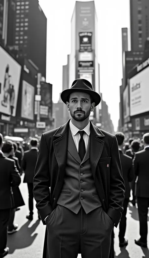 A man dressed in old, worn-out 1920s clothing stands in the middle of a modern city (Times Square), looking confused and lost. His appearance is in black and white, while the background is colorful and futuristic. People around him stare in confusion.