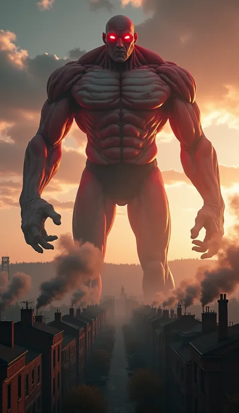 A first-person perspective of a Colossal Titan towering over a 1900s-era city, marching forward with immense, steam-emitting muscles. The massive figure's exposed sinews glow under the setting sun, casting an eerie red hue over the landscape. Below, the ci...