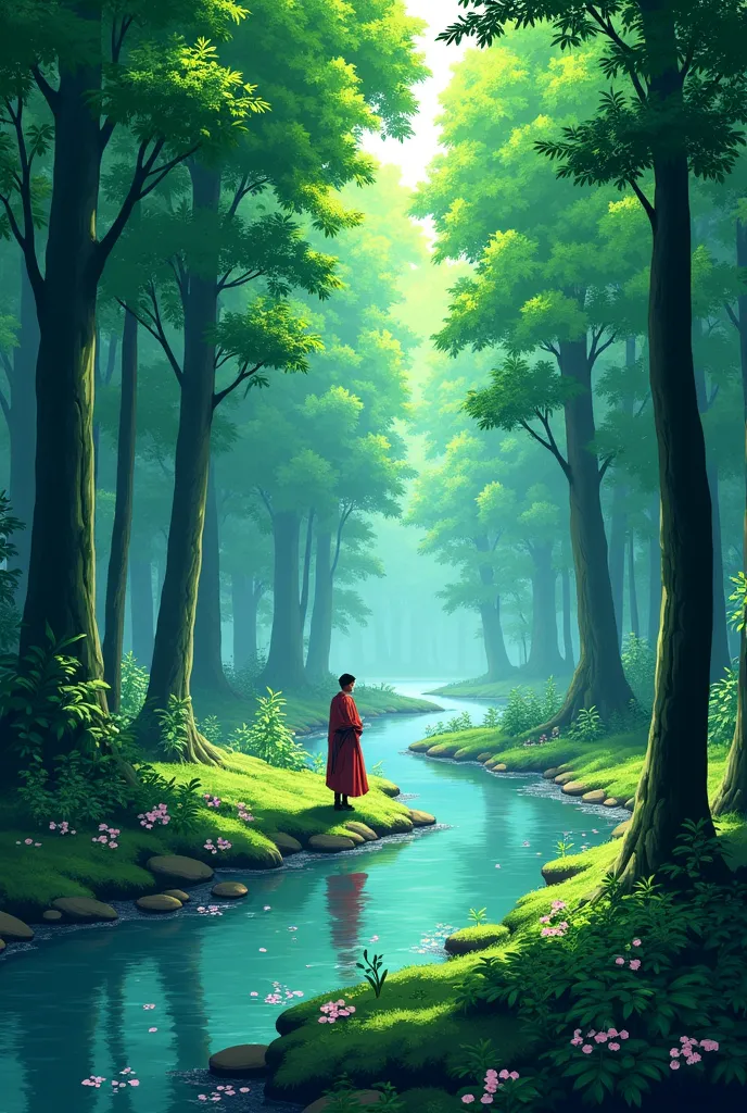 Forest with a river in the middle Japanese anime version 