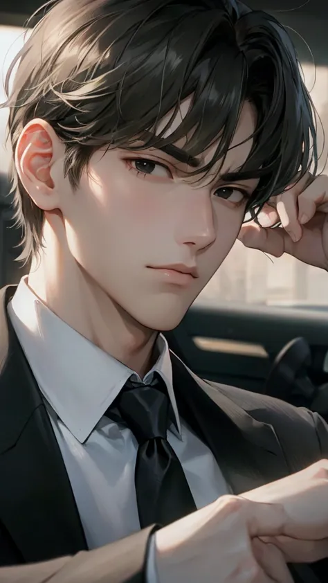 a close up of an attractive and masculine man, Boy with black hair and black eyes, Korean, neutral, peinado Korean, formal wear, Serious, strong