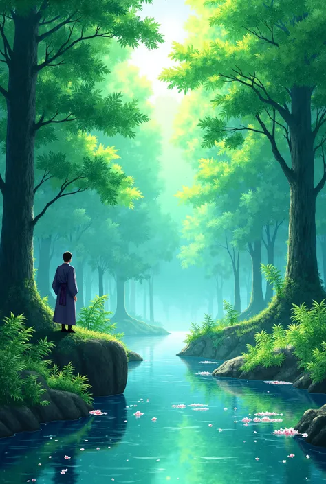 Forest with a river in the middle Japanese anime version 