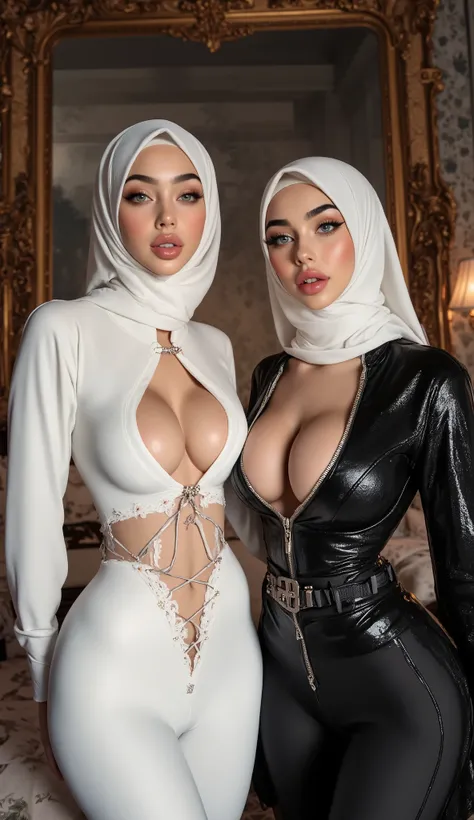 (Ultra-realistic), (high resolution), ((((upperbody view)))), two beautiful Arab women, beautiful faces, beautiful women, instgram models, pink lipstick, full make-up, ((both are wearing white stylish hijab)), ((one wearing a lace-up silk tight abaya)), ((...