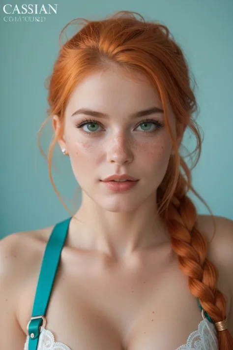  A Caucasian woman, with orange hair, which is informally attached, making a ponytail and leaving two Straps of hair separated at the front, his eyes are an intense water green color, Her nose is small and thin , has freckles that cover the middle area of ...