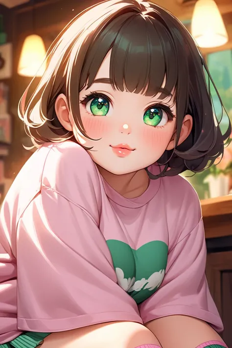 Girl, cute, big emerald green eyes, plump lips, chubby cheeks, innocent. Wearing matching pink thigh high socks, short skirts and oversized t-shirts 