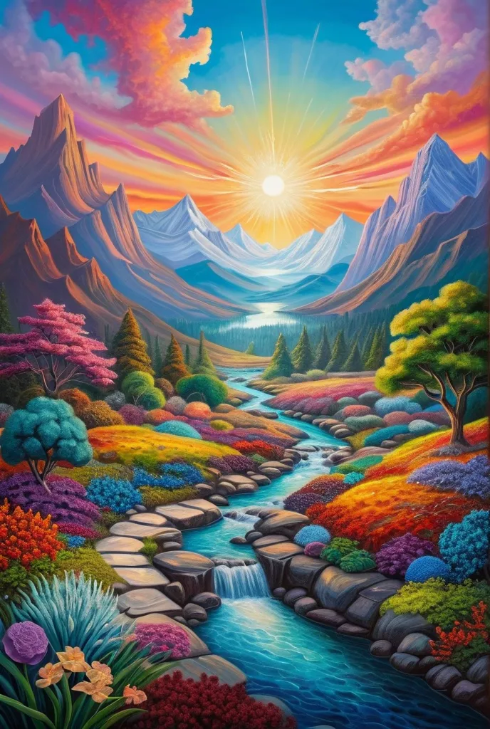 a garden in the third heaven, away from physical Earth, surrounded by mountains of gemstones, rivers of light , accessed only by angelic guidance, accessories, in ultra fine detail,  oil painting, Surreal landscape,  bright sky , fantastic elements, warm l...