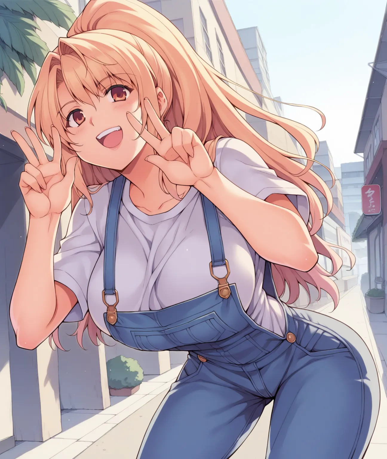  score_9,  score_8_up, score_7_up,  source_anime,
1 girl,overalls,v sign,big breasts,Dynamic Angle,Portrait,background(street),Kim Tag 
 