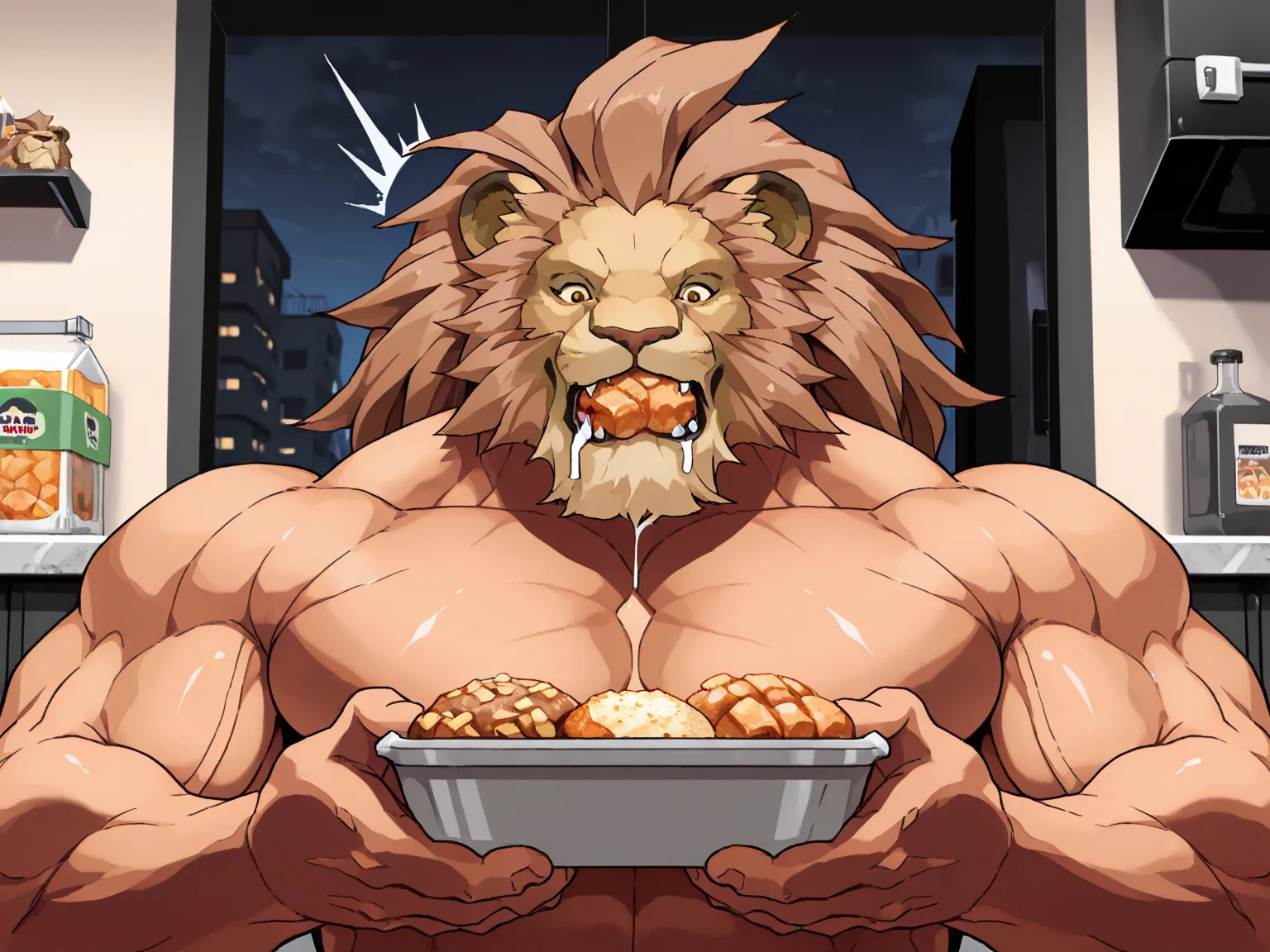 Highest Quality, 4k, masterpiece, Amazing Details, highly detailed face, full chest, half body, night time, kitchen, (LeoRE, lion head, brown mane, muscular, surprised, eating, food in mouth, drooling, nude, looking at viewer), apartment, midnight fridge r...