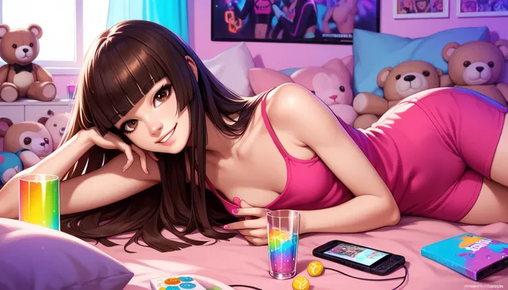 score_9, score_8_up, score_7_up, source_anime, 1girl, solo, smile, lying, brown hair, long hair, hime cut, hmcut, brown eyes, stuffed animals, bedroom, holding a glass bottle, gamer, small breasts, snacks, cute, vibrant colors