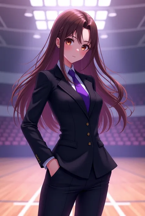 An anime girl with brown hair and brown eyes in a black suit with purple is standing in the middle of the gym and all in purple black 