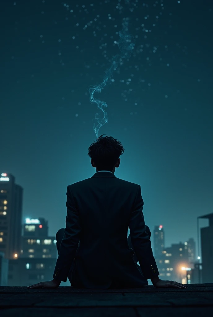 A young man smoking, sitting on a roof, Looking up at the starry sky at night, wearing gangster clothes,  Photo taken from the back 