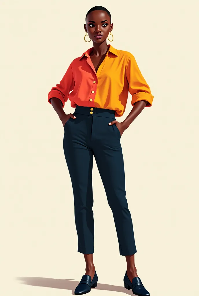 Generate an image of a shaved black woman with a colorful outfit, To the body and black loafers. Let the oudit not be so conspicuous, a professional model outfit 