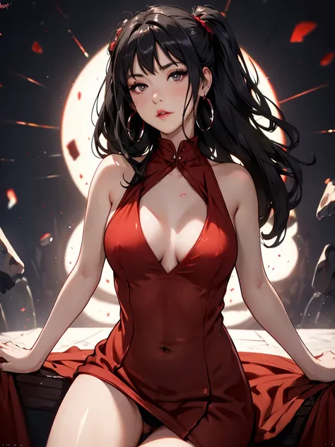 (8K HDR photorealistic pic), Betty Boop, short, althetic, curvy lady, ((tight little red dress)), dark eyebrows, black lipstick, (hoop earrings), dark eyeshadow, black lipstick, curvy, busty, (curly short black hair), shortstack, (retroussé breasts), darli...