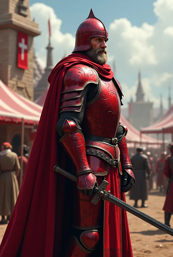 A knight in Blood-Red Armor watches the preparations for the fair from the sidelines 