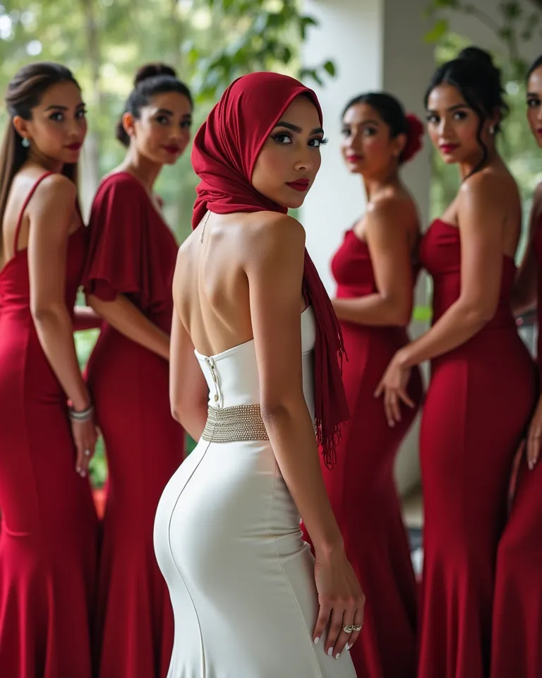 Bridemaids with bride in tight mini skirt , wearing a hijab with high heels, Waist chain,  Enge Size,  Rückblick, medium ass , sexy blicke,  full body image , looking back 