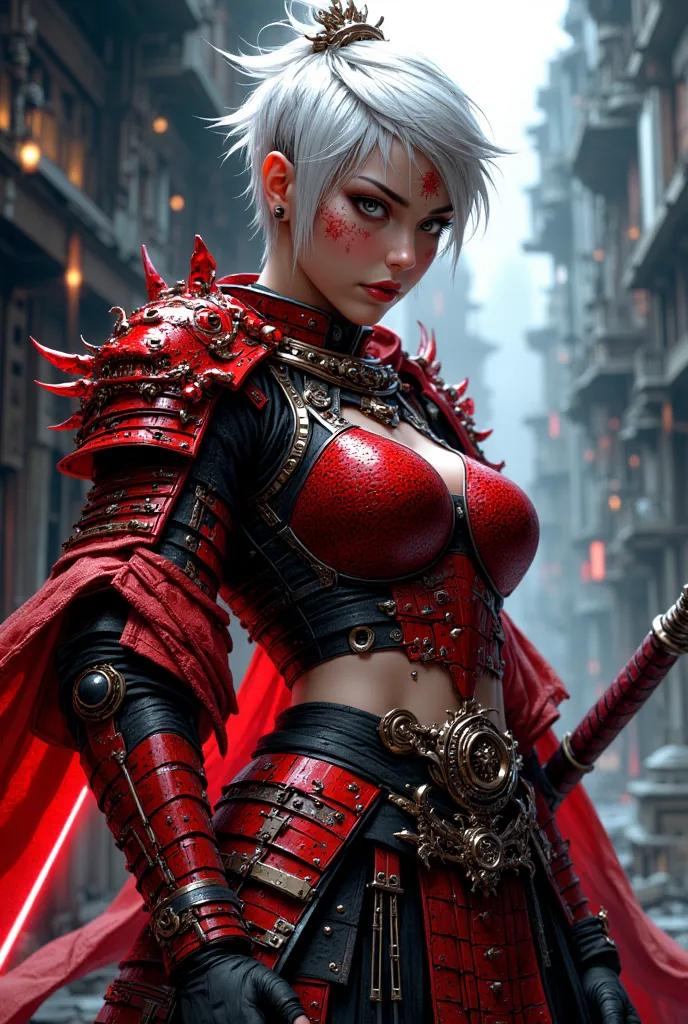 A futuristic female samurai in red plated dragon styled armor with a tattoo on her neck in red. striking action pose. starring directly. white pixie hair. 