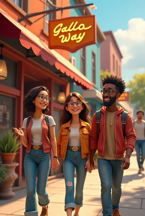 Create an image of three friends: one with glasses ,one without glasses and one of color with glasses who are going together to a chicken restaurant called "gallo way"