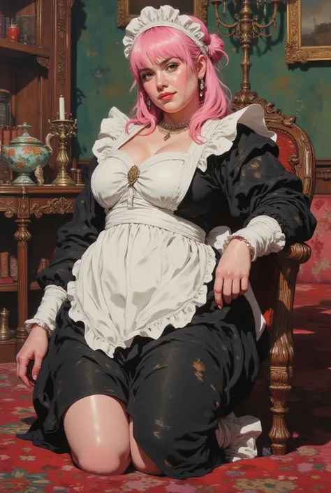 oil painting, cute girl 25 years old, smiling, plump, fat, pink hair, hairstyle two heels, maid costume, background of the living room of an mansion, magic, dynamic pose, large brush strokes, bright spots, high quality details