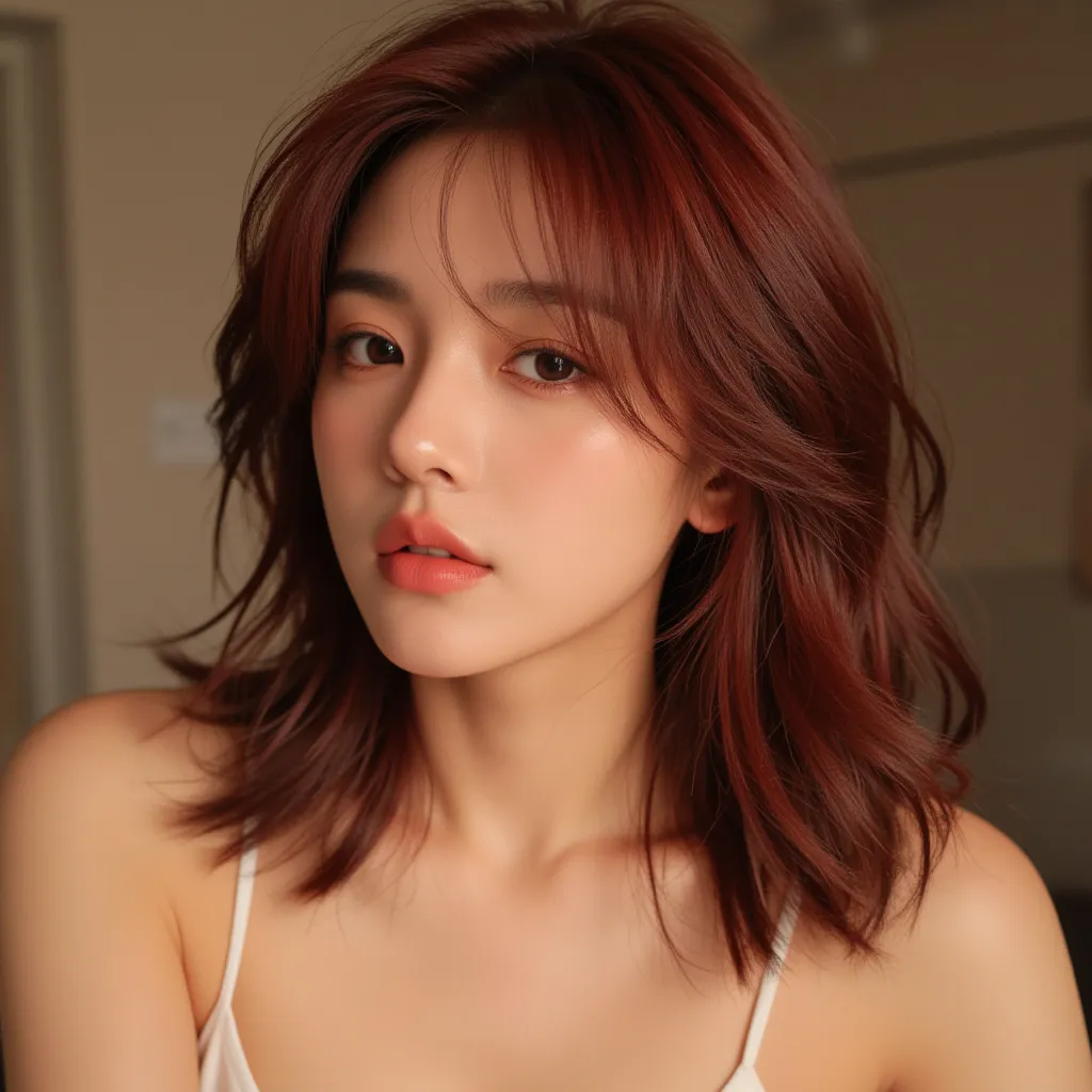 A Latina, Hispanic girl with dark red hair, tanned skin, dark red hair that’s mid-length, wavy hair, sunkissed skin, very pretty, gorgeous, thick lips, K-pop music video concept photo, concept for a girl groups name Trin1ty, make it cute and unique 