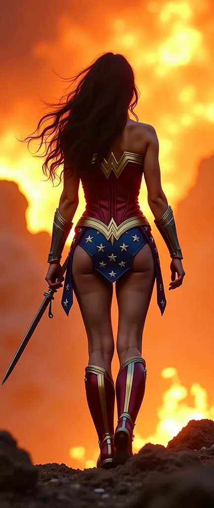 live-action、 Hair、Japanese Wonder Woman in her 20s stands on her knees、Well-balanced musculature、Show me your huge ass、I'm turning my back to the camera and turning my face、 Wonder Woman's Perfect Costume、Wonder Woman raises her arms to the point where she...