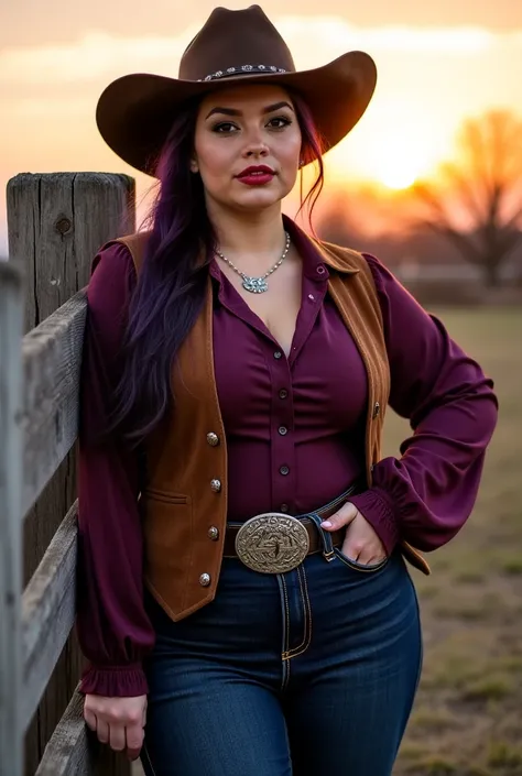 A curvy, pudgy woman leans against a weathered wooden fence, her dark brown eyes warm yet sharp beneath the shadow of a well-worn cowboy hat. Long, deep purple hair is pulled into a high ponytail, the loose strands catching the evening breeze. A single bla...