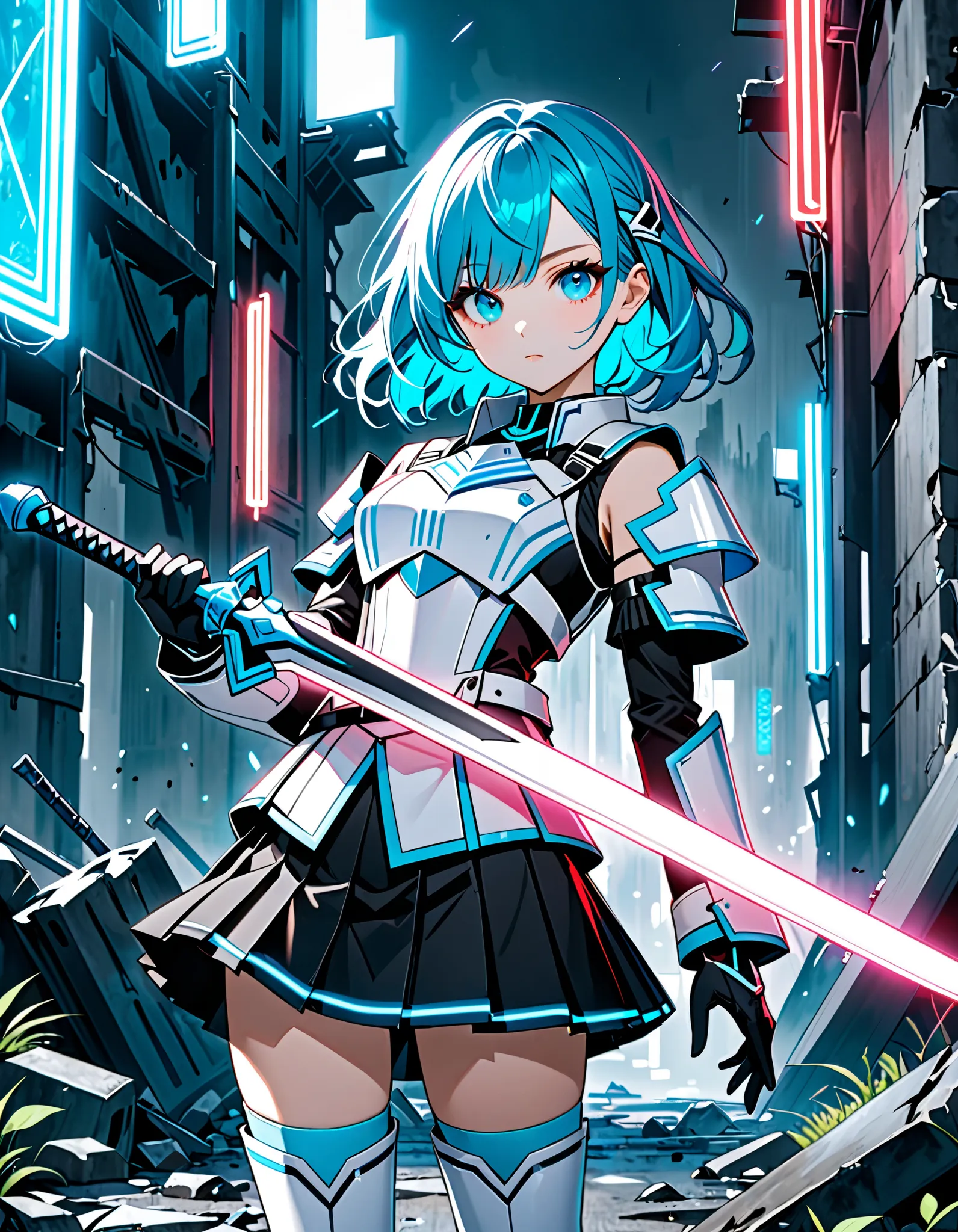 a young beautiful woman, kosmos,medium_hair, 1girl, blue hair with light blue accents, aquamarine eyes, kosmos, solo, white_red_armor,best quality, ultra high res,tokyo fashion, black skirt with blue trim, pleated skirt, miniskirt, white boots, thighhighs,...