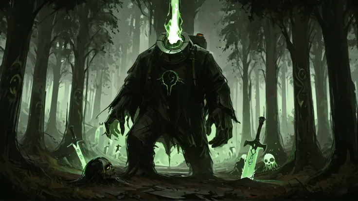 A colossal Dullahan stands at the edge of a dark forest, its immense form blending into the shadows that stretch endlessly between the ancient trees. Cloaked in an aura of ominous power, it grips a massive sword, its blade pulsing with deep purple magic th...