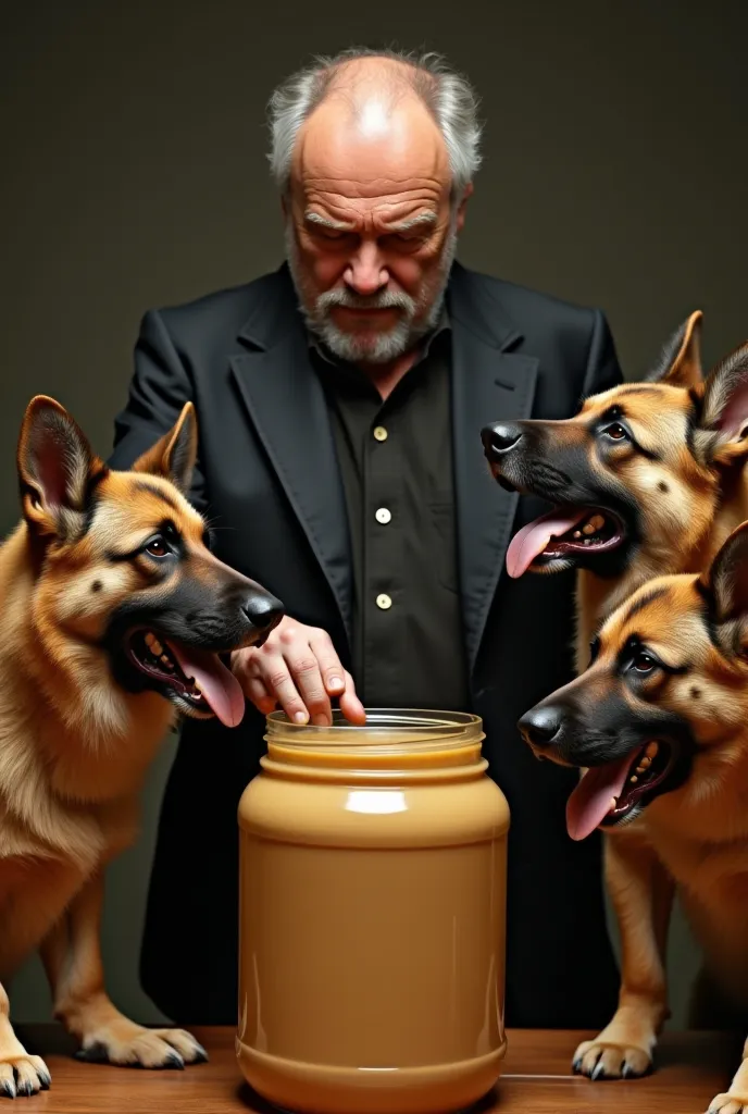 Gene Hackman is about to thrust his hand into a big jar of peanut butter. He is surrounded by three German shepherd dogs with their tongues out and very excited and hungry.