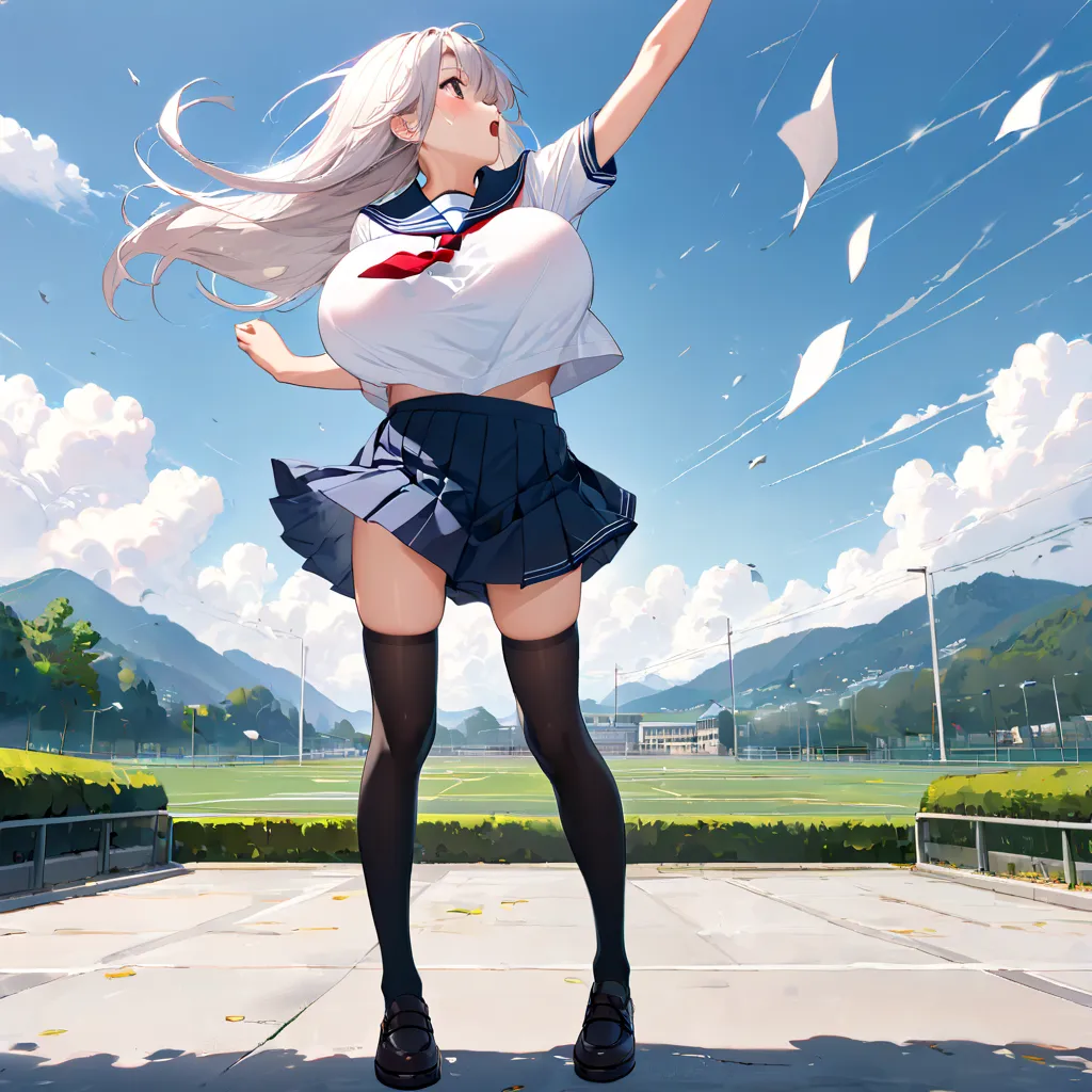 masterpiece, landscape, school, (longtorso_v0.63_pony), blowing wind, BREAK, very skinny girl standing, (arched back), arms behind back, down arms behind back. tiptoe, pigeon toed, BREAK, school uniform, (flapping white sailor uniform with red tie:1.1), (f...