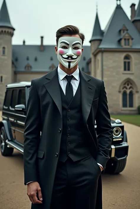 Un homme en costume élégant, portant un masque d’Anonymous, tient fermement , affichant une posture déterminée. Derrière lui, un 4x4 G63 AMG noir, brillant et imposant, stationne sur un terrain pavé. En arrière-plan, un majestueux château de mafieux, avec ...