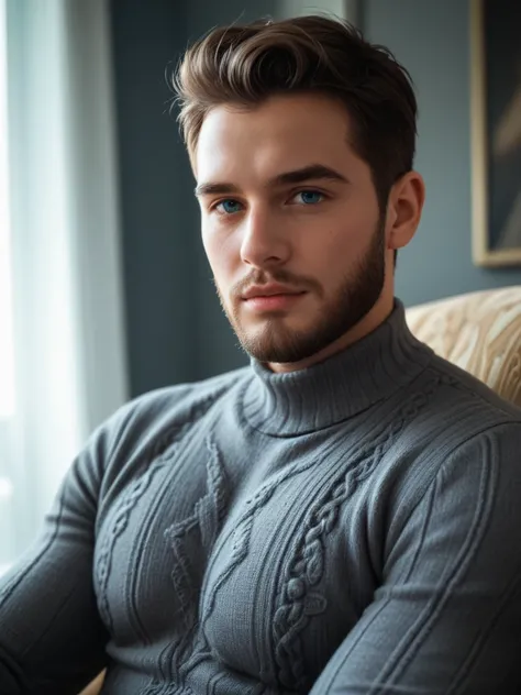 A man with a beard and sweater, blue eyes, deep focus, dressed in a stunning custom suit close up of his head, intense eyes that penetrate the soul,  focus on the face :