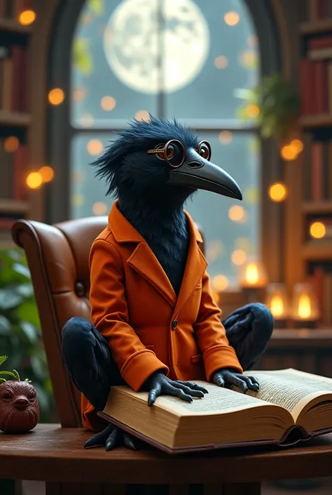 a black baby crow wearing an orange suit and cute round glasses sitting on a chair and in front of a table preparing to read a very thick book, in a small library with the moon visible in the window with twilight light and covered in soft dust and the ligh...