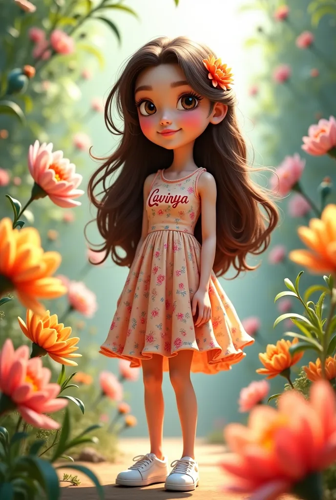 cute  , Long brown hair, 3d drawing, In a flowery dress and white sneakers, Lavinya written on clothes