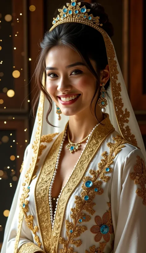 A smiling woman dressed in a luxurious traditional outfit, with a white veil richly embroidered with golden threads and blue and gold gemstones. The costume is detailed with floral patterns, pearls and shiny jewels. The scene is illuminated with soft light...