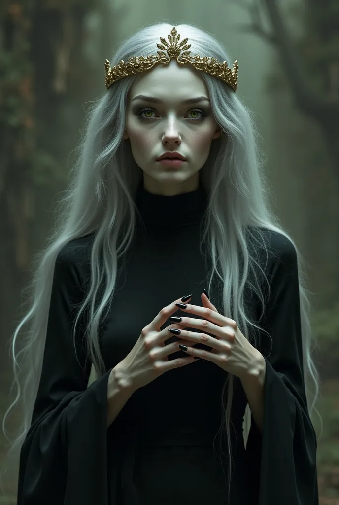 Very old ominously gloomy-looking pale green-eyed woman with gray long hair in a black dress without a neckline, with a smooth golden tiara on her head and long black pointed nails