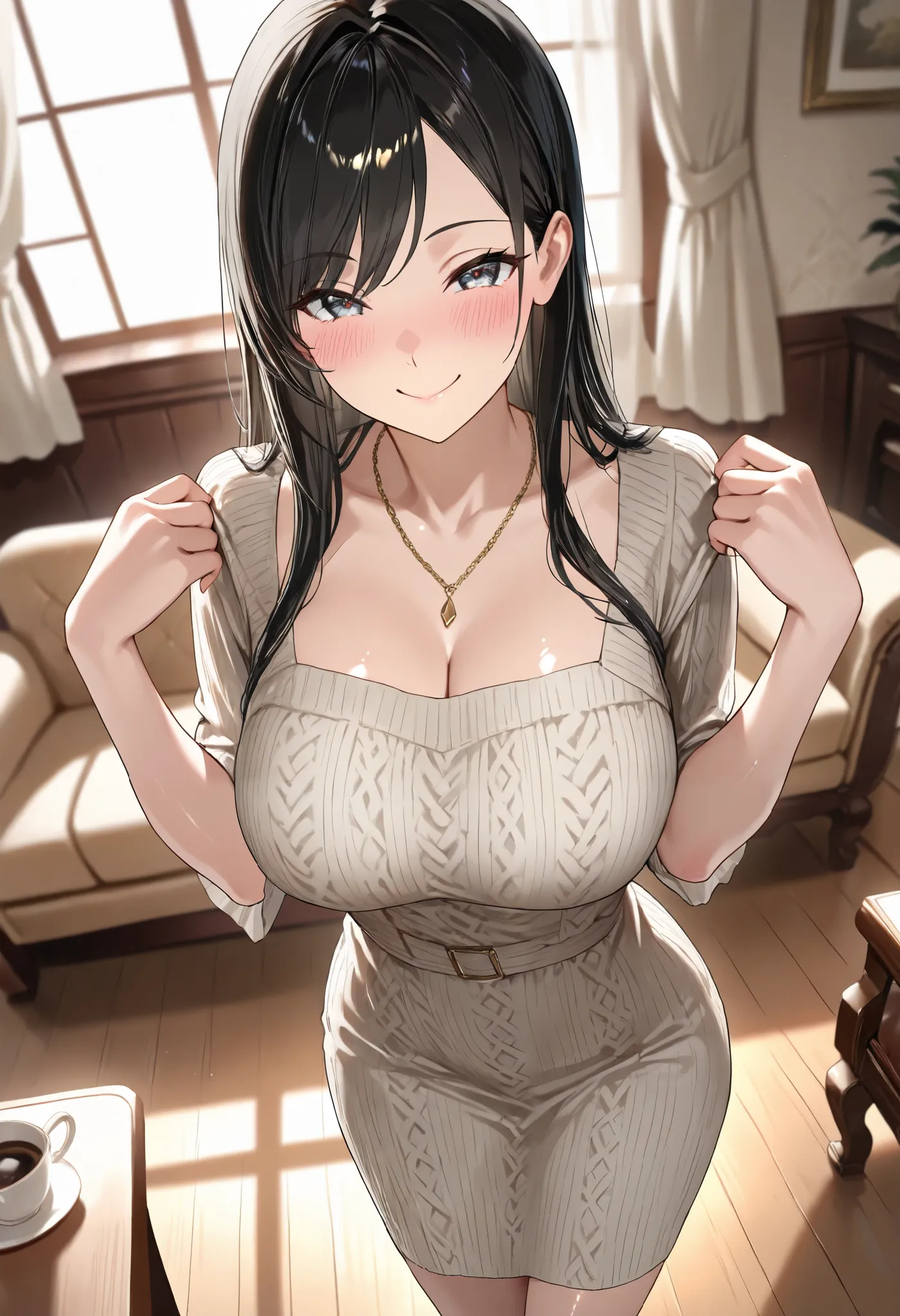 (best quality, masterpiece, ultra detailed, high resolution), Beautiful 8K CG artwork, Enriched photography, anatomically accurate body, depth of field,  1girl, elegant yet sexy girl, (long hair, black straight hair, swept bangs), 
round large breasts, bre...