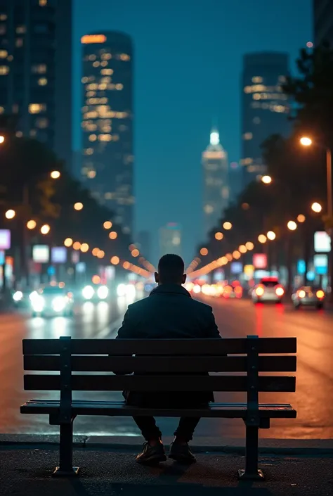 Au bord d'une route nationale dans une ville vibrante mais solitaire, un homme noir âgé de 40 un peu formé et musclé assis sur un banc tranquillement avec la tête baisser . Ses yeux se perdent vers la terre parsemé d'étoiles. L'arrière-plan est dominé par ...