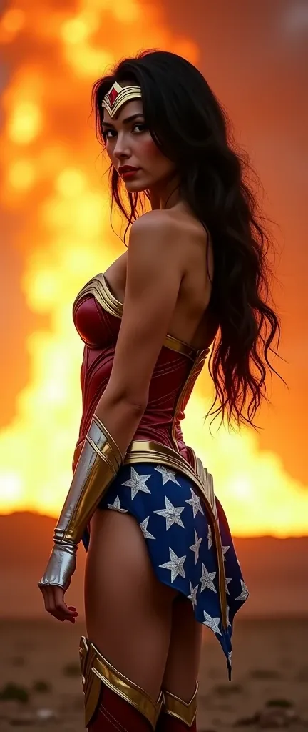 live-action、 Hair、Japanese Wonder Woman in her 20s stands on her knees、Well-balanced musculature、Show me your huge ass、I'm turning my back to the camera and turning my face、 Wonder Woman's Perfect Costume、Wonder Woman raises her arms to the point where she...