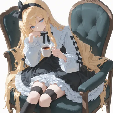 1 girl, long hair, Alone, thigh high socks,  blue eyes, cup,  dress, is sitting,very long hair,holding, chair, blond hair, viewers, black thigh high socks, holding cup, bow, hair bow, black bow,  Long Sleeve,  drink , frilled  dress, hair band, on chair, f...