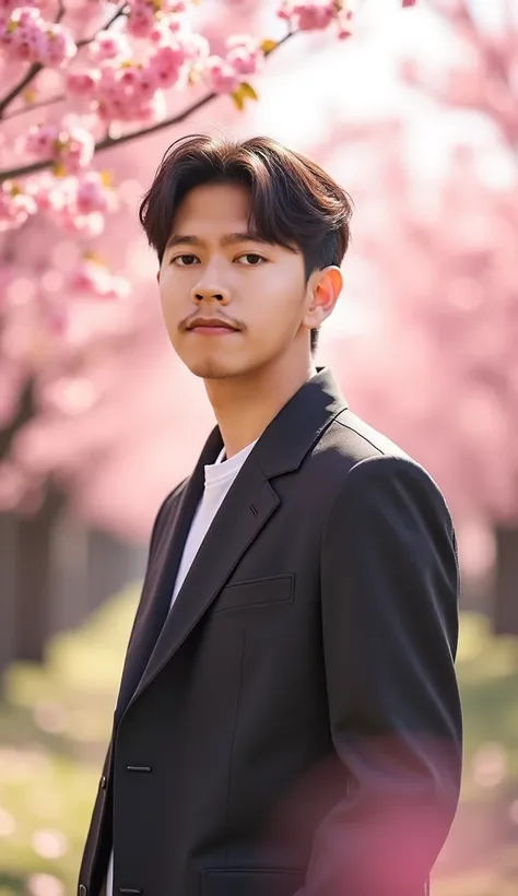 double exposure, cover photo of the film entitled "Friday Blessings". The cover shows a handsome Korean man with trendy short hair, wearing black jacket clothes, standing smiling slightly facing the camera. The background is a beautifull Cherry blossom gar...