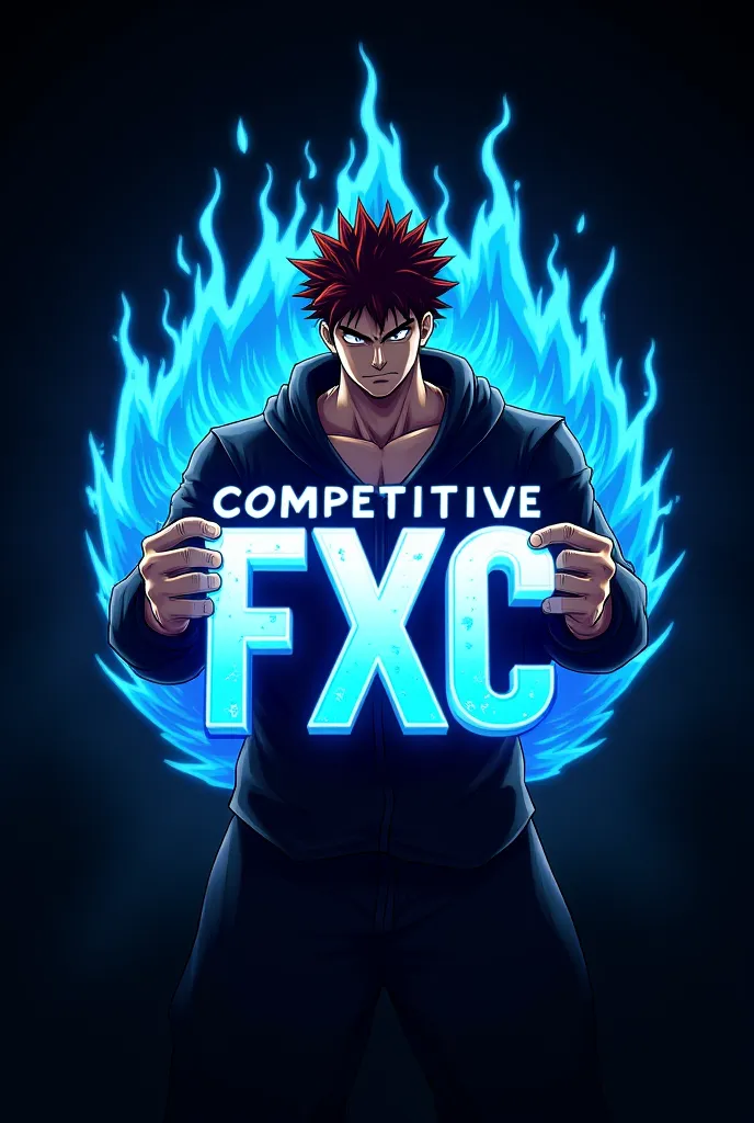 A logo that says COMPETITIVE FXC and that votes blue flames and in the background Satoru Gojo appears holding the letters 