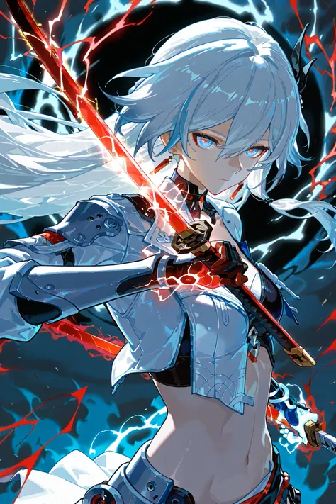 Anime illustration, backlighting, backlit, cold light, colorful, light reflection, solo, 1girl, upper body shot, asymmetrical armor, detailed skin, extremely detailed eyes, dynamic pose, [Fu Hua(CoT):Lucia Crimson Weave /(punishing gray raven)/:0.6], two h...