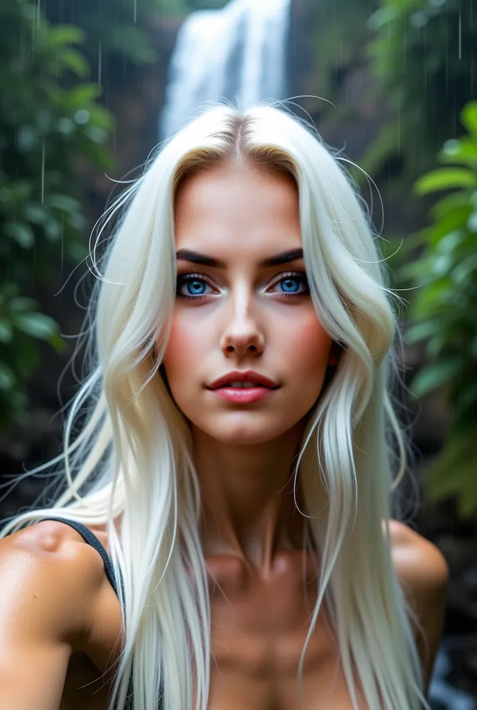 A beautiful Instagram model with long white hair and green eyes taking a close-up selfie, rain droplets on her skin, her white hair slightly damp as she stands in front of a hidden waterfall deep in the jungle