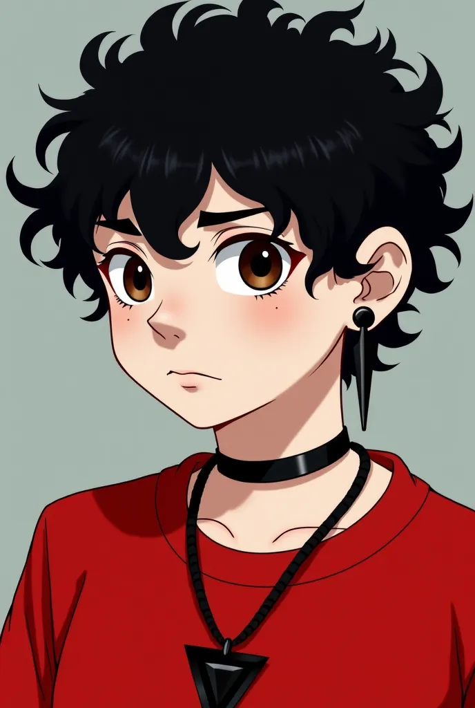  Pale skinned boy,   medium curly hair , black color, dark brown eyes, red sweatshirt, Medium serious expression, con un arete de black color en la oreja y un collar de triangulo black color 