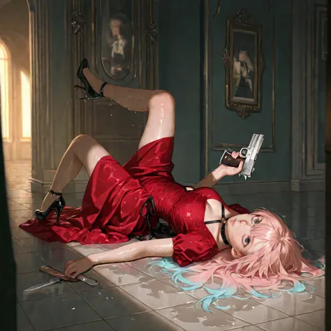 a computer animated photo of a girl lying in wet tile floor with fake weapons and gun, 1girl, high heels, lying, red dress, dress Vanilla The Rabbit,