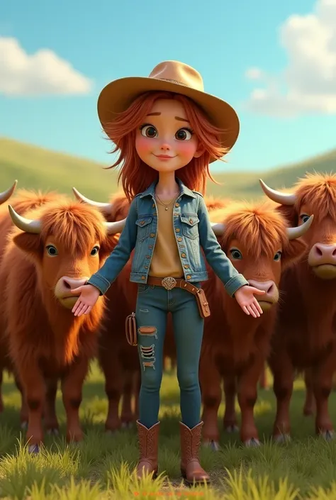  cowgirl 25 yeras old holding fluffy Scottish Highland Cattle, pixar style