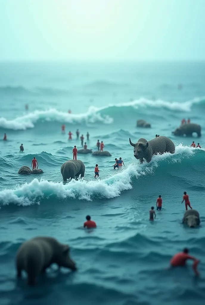 Here's the English prompt for your surreal, miniature photo-style image request:

"A surreal photograph of a vast ocean, with miniature animals and humans scattered across the scene. The tiny figures of animals and people are intricately placed on the ocea...