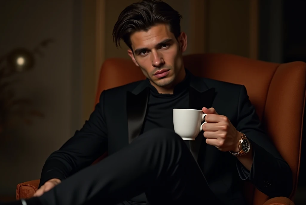 A man wearing the latest and most elegant black suit with brown eyes wears a Rolex watch. He is 27 years old. He sits on a luxurious chair, puts a man on a man and holds a cup of coffee in front of the camera with a serious look 
Dramatic realism 
His hair...